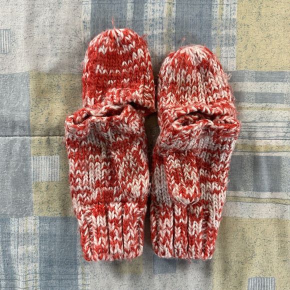 Gap Red & White Fingerless Gloves w/Button Warm Knit Flip Winter Gloves - Picture 2 of 9